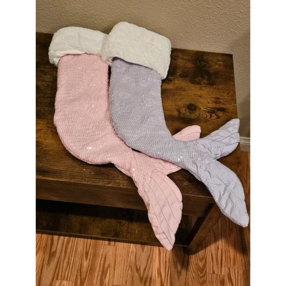 Mermaid Tail Stocking Pair in Pink and Lavender with White Faux Fur Cuff